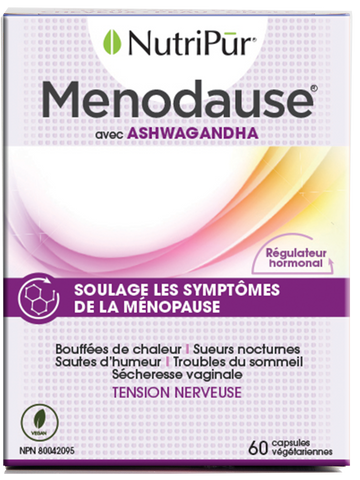 Menodause - Nutripur - avec ashawandha - soulage les symptomes de la menopause - bouffées de chaleures - sueurs nocturnes - sautes d'humeur - troubles du sommeil - sécheresse vaginale - tension nerveuse 